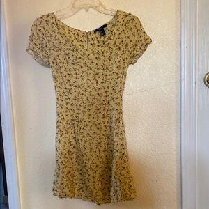 Yellow Fit and Flare Dress with Puff Sleeves and Scoop Neck